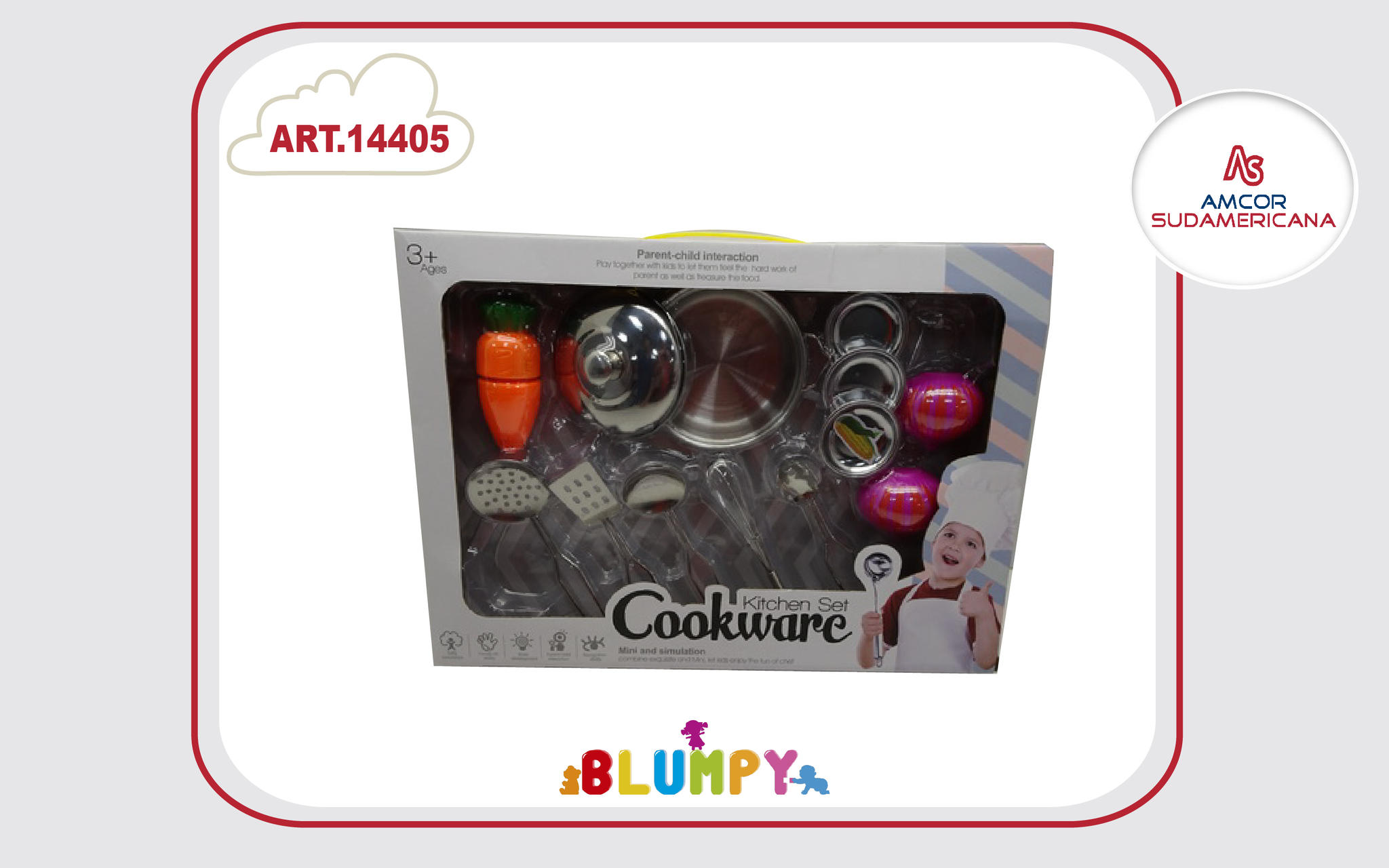 SET DE COCINA METAL MEDIANO CON CACEROLA, UTENSILLOS Y VEGETALES. EN CAJA CON MANIJA