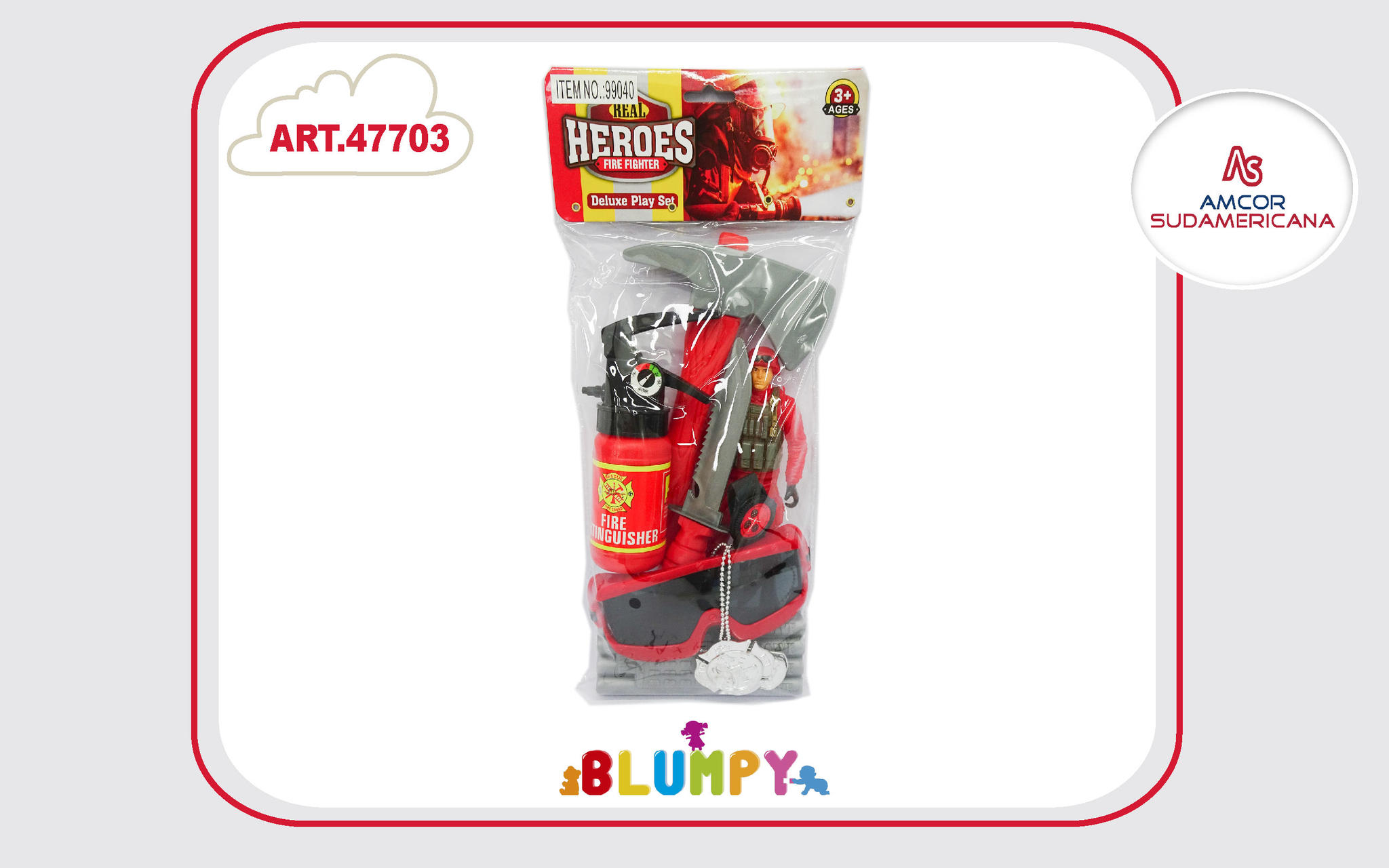 SET DE BOMBEROS CON MUÑECO, HACHA, GAFAS, MATAFUEGOS, RELOJ, CUCHILLO Y PLACA
