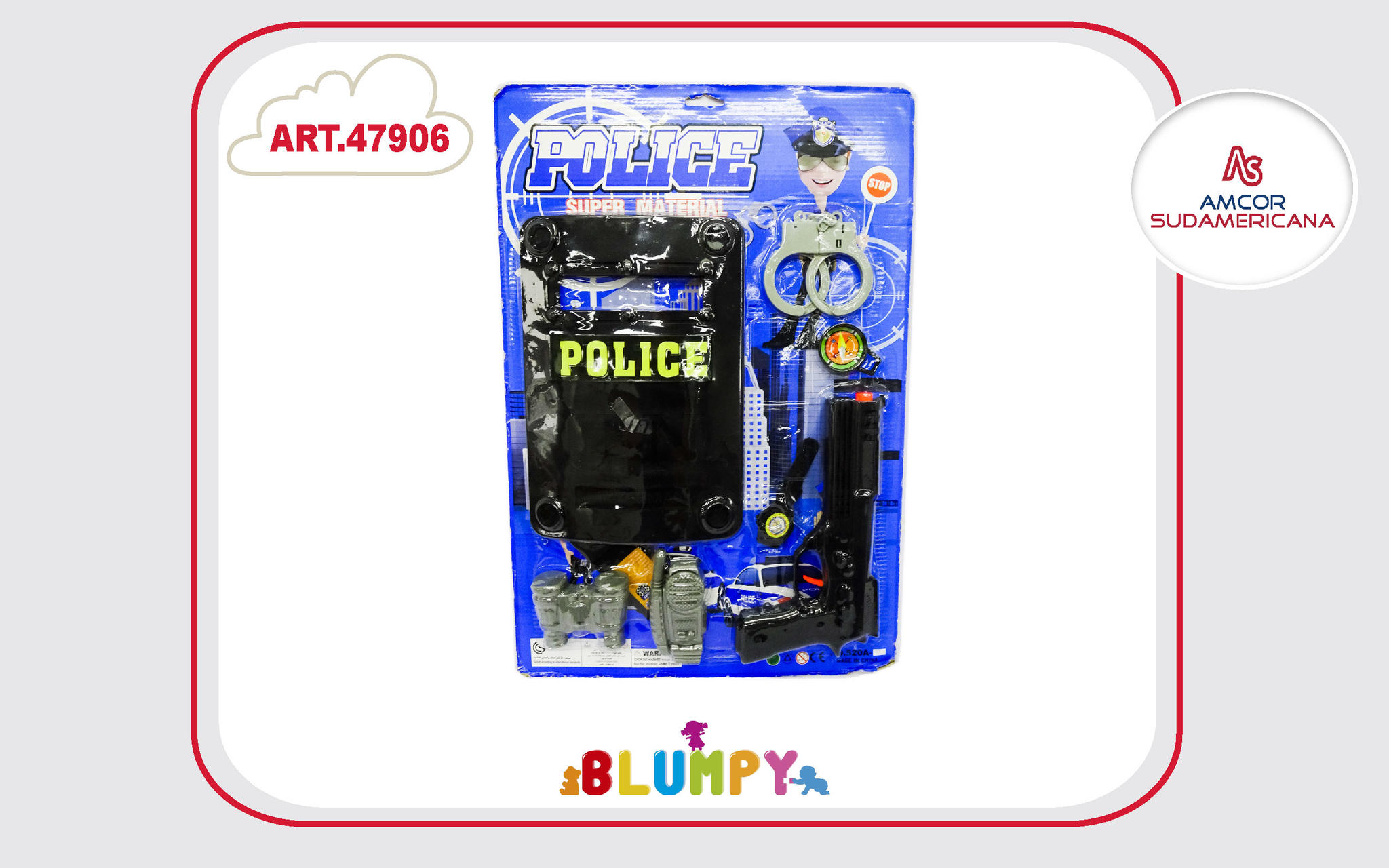 SET DE POLICIA CON  PISTOLA, ESCUDO, HANDY, LARGAVISTAS, RELOJ, ESPOSAS Y BRUJULA EN BLISTER