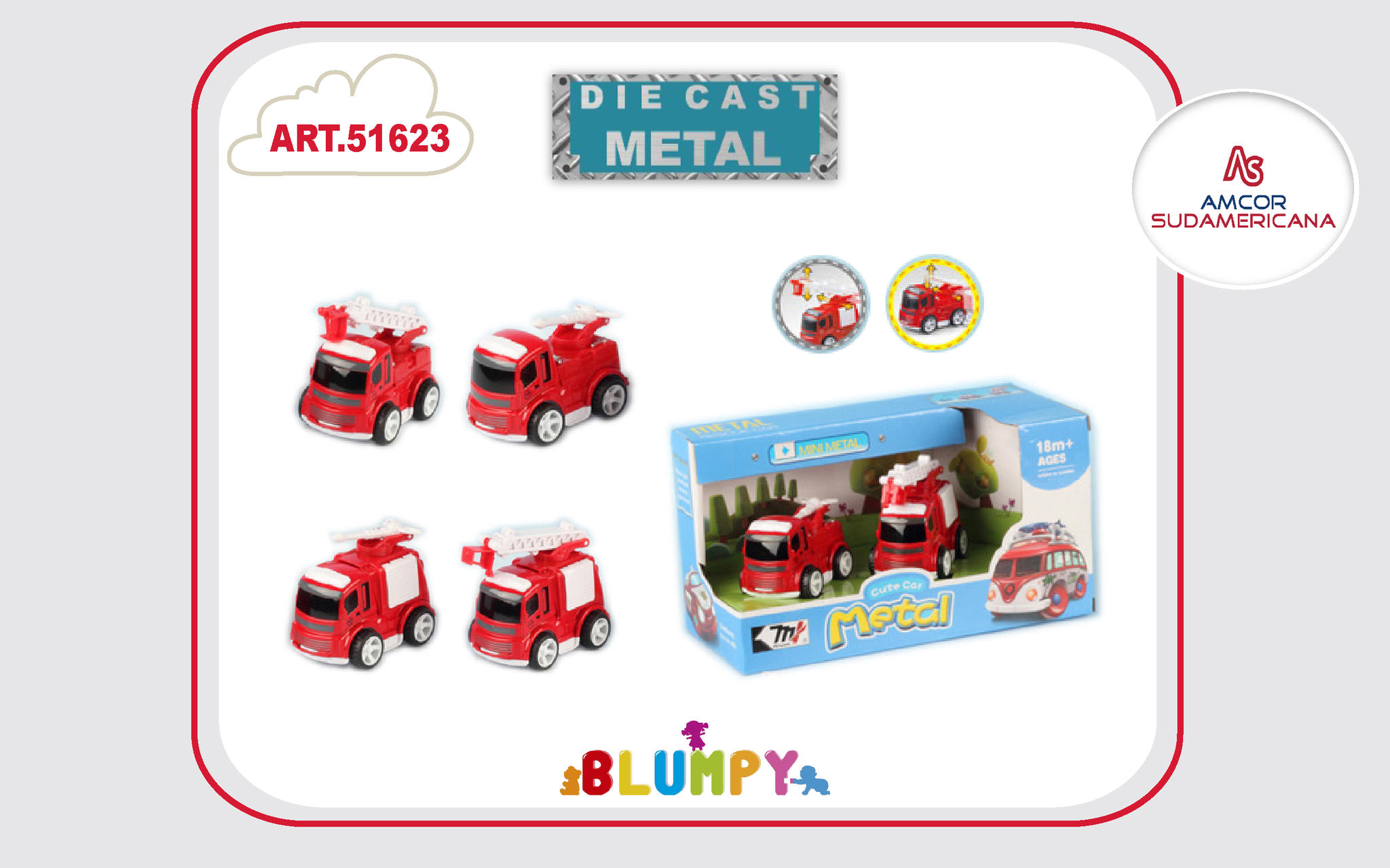 SET 2 CAMIONCITOS DE BOMBEROS A FRICCION  DE METAL EN CAJA VISOR