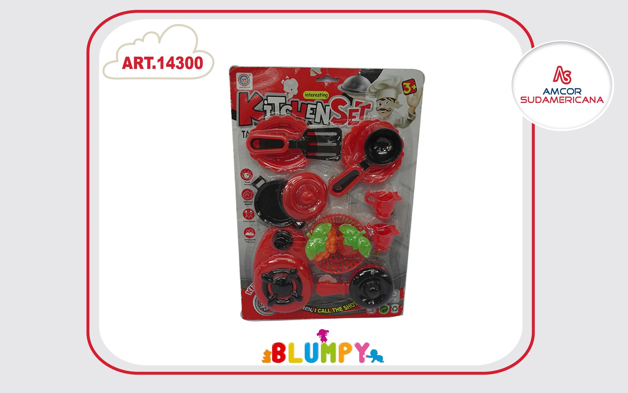 SET DE COCINA CON HORNALLAS, CACEROLA, FRUTAS, ESPATULA Y ACCESORIOS EN BLISTER