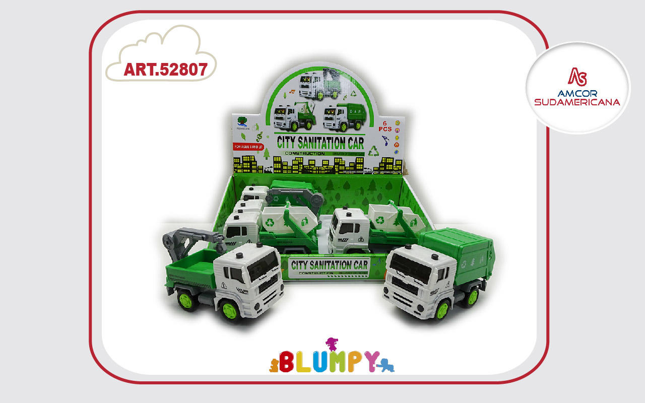 DISPLAY X 6 AUTOS RECOLECTORES  DE BASURA 14 CM CON LUZ Y SONIDO