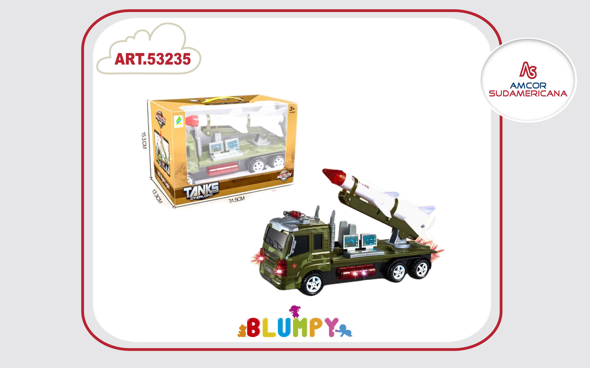 CAMION MILITAR LANZA MISILES SALVA OBSTACULOS CON LUCES Y SONIDO EN CAJA VISOR 30 CM
