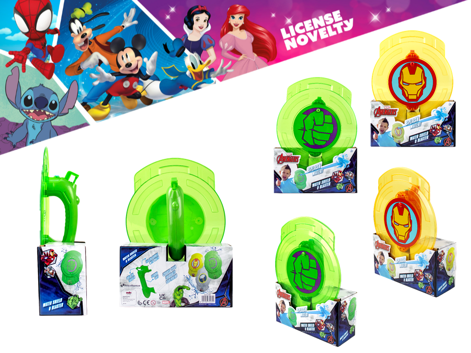 CAJA X 6 ESCUDO LANZA AGUA MARVEL. IRONMAN Y HULK