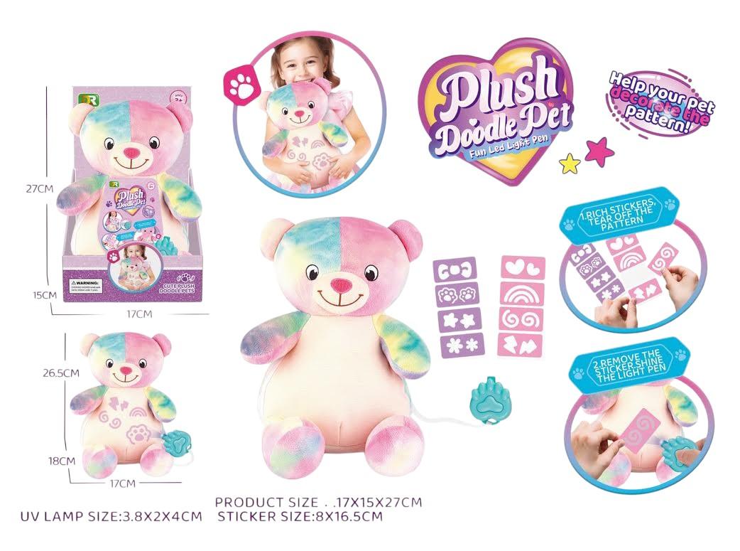 OSITO PELUCHE ARCOIRIS CON LAPICERA LED, PATRONES Y STICKERS PARA COLOREARLO.