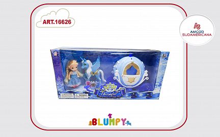 SET CARRUAJE CON PRINCESA Y UNICORNIO ALADO, SONIDO Y LUCES EN CAJA VISOR