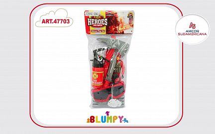 SET DE BOMBEROS CON MUÑECO, HACHA, GAFAS, MATAFUEGOS, RELOJ, CUCHILLO Y PLACA
