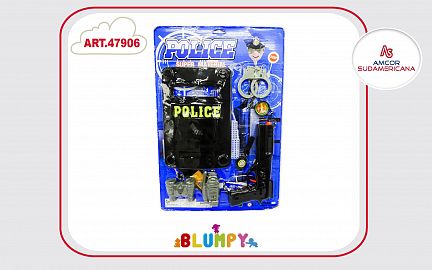 SET DE POLICIA CON  PISTOLA, ESCUDO, HANDY, LARGAVISTAS, RELOJ, ESPOSAS Y BRUJULA EN BLISTER