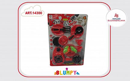 SET DE COCINA CON HORNALLAS, CACEROLA, FRUTAS, ESPATULA Y ACCESORIOS EN BLISTER